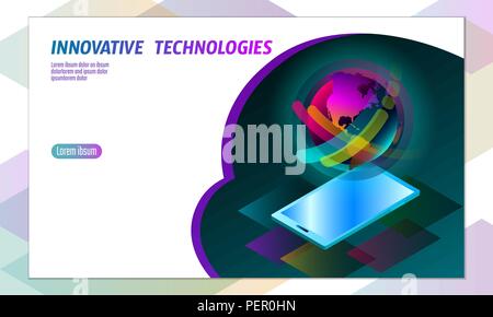 3D-fähiges Smartphone Display Konzept. Stereoskopische isometrische 3D-Business Innovation Technologie. Bunte lebendige Farbe Kugel Form schillernde Flüssigkeit gradient Neon hell Vector Illustration Stock Vektor