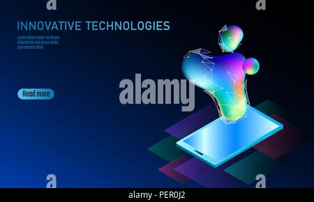 3D-fähiges Smartphone Display Konzept. Stereoskopische isometrische 3D-Business Innovation Technologie. Bunte lebendige Farbe Kugel Form schillernde Flüssigkeit gradient Neon hell Vector Illustration Stock Vektor