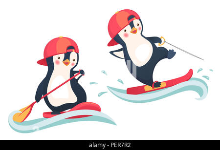 Pinguin schwimmen auf SUP Board. Pinguin Wasserski. Paddle Board. Wassersport und Aktivitäten Abbildung Stockfoto