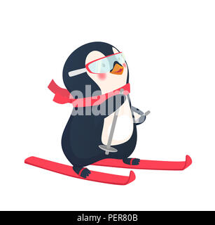 Pinguin reiten auf Skiern im Schnee. Penguin Cartoon Illustration. Stockfoto