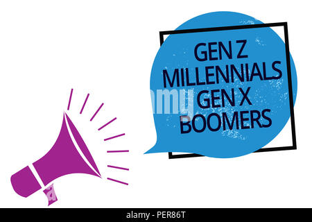 Text Zeichen zeigen Gen Z Millennials Gen X Boomers. Konzeptionelle Foto generationsbedingte Unterschiede alten Jugendlichen Megaphon Lautsprecher sprechen laut scre Stockfoto