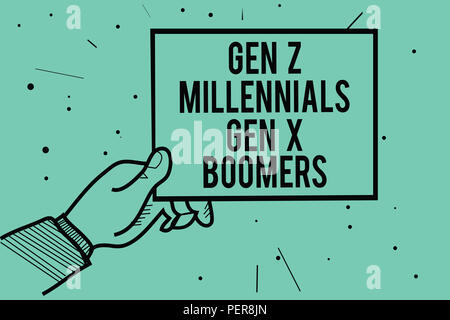 Text Zeichen zeigen Gen Z Millennials Gen X Boomers. Konzeptionelle Foto generationsbedingte Unterschiede alte Junge Leute Mann Hand, die eine neue Kommunikation inf Stockfoto