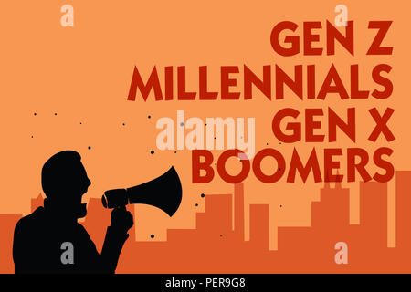 Text Zeichen zeigen Gen Z Millennials Gen X Boomers. Konzeptionelle Foto generationsbedingte Unterschiede alten jungen Mann mit Megaphon sprechen politicia Stockfoto