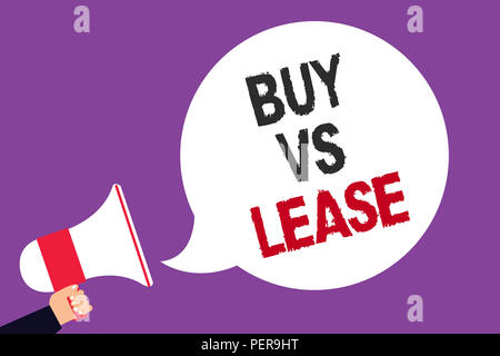 Handschrift Text schreiben Kaufen Vs. Konzept Bedeutung eigenen etwas im Vergleich zu leihen es Vorteile Nachteile Mann mit Megaphon Lautsprecher speec Stockfoto