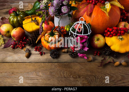 Thanksgiving Anordnung mit Kürbissen, Vogelbeeren, cklappen Sie den Ständer leicht zurück, weiß Vogelkäfig, Kegel lila und rosa Blume, kopieren Raum Stockfoto