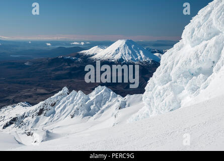 Blick auf den Mount Ngauruhoe und Tongariro von der Spitze des Mount Rupaehu im Winter. Neuseeland, Nationalpark Tongariro Stockfoto