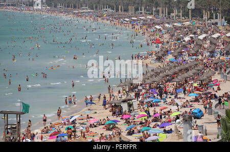 Allgemeine Ansicht über das touristische Strand von El Arenal auf der spanischen Insel Mallorca.