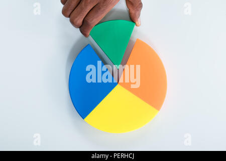Ansicht von der menschlichen Hand, Grün Stück Kreisdiagramm auf grauem Hintergrund Stockfoto
