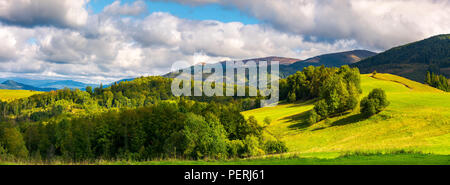 Wunderschöne Panorama der Gebirgslandschaft. Wald und Wiese Bergwiese im Abendlicht. entfernten Ridge banath Eine dicke Wolke auf einen blauen Himmel Stockfoto