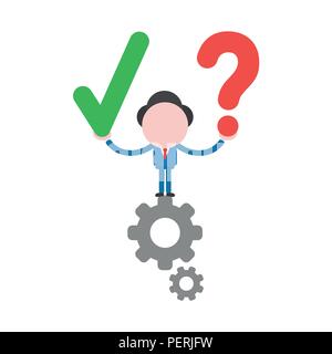 Vector Illustration Geschäftsmann Zeichen stehen auf Zahnräder und Holding Häkchen und Fragezeichen. Stock Vektor