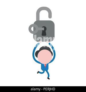 Vector Illustration Geschäftsmann Charakter läuft und die geöffnete Schloss mit Schlüssel. Stock Vektor