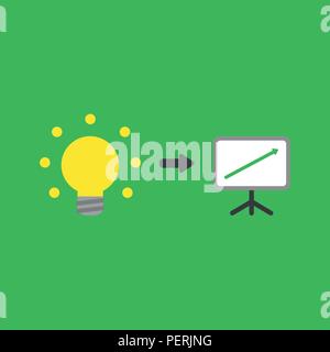 Flache vektorsymbol Konzept der gelb leuchtenden Glühbirne und Verkäufe Diagramm Pfeil bewegen bis auf grünem Hintergrund. Stock Vektor
