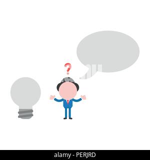 Vector Illustration verwirrt Geschäftsmann Charakter mit leeren Sprechblasen und graue Glühbirne. Stock Vektor