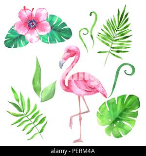 Aquarell mit tropischen Blättern und Flamingo eingestellt Stockfoto