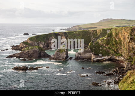 Die engen, gewundenen Weg führt hinunter steilen Klippen in Dunquin Pier an der felsigen Küste der Halbinsel Dingle in der Grafschaft Kerry in Irland. Stockfoto