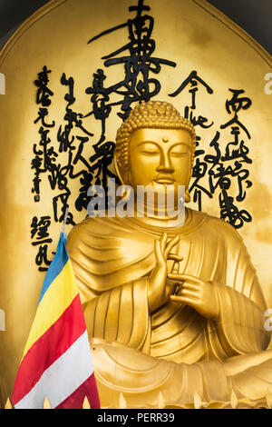 Golden Buddha Statue und buddhistische Flagge an der Welt den Frieden Pagode in Pokhara, Nepal Stockfoto