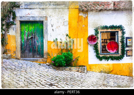 Alten Straßen von Portugal, Obidos Dorf. Stockfoto