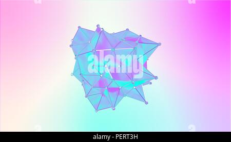 Abbildung: eine Form der Metamorphose eines polygonalen halb transparenten Modells. 3D-Darstellung eines polygonalen 3D-Blot. Blau, Türkis und Violett Stockfoto