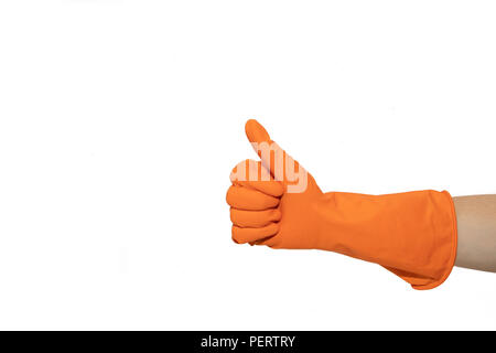 Wie die Abzeichen zeichen von Orange Gummihandschuhe. Ziehen Sie das Symbol mit dem Finger nach oben. Schwere Geste. Auf weissem Hintergrund Stockfoto