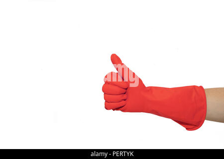 Wie das Abzeichen eines roten Gummihandschuh. Ziehen Sie das Symbol mit dem Finger nach oben. Schwere Geste. Auf weissem Hintergrund Stockfoto