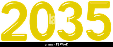 Inschrift 2035 von Gelb aus Glas oder Kunststoff, auf weißem Hintergrund, 3D-Rendering Stockfoto