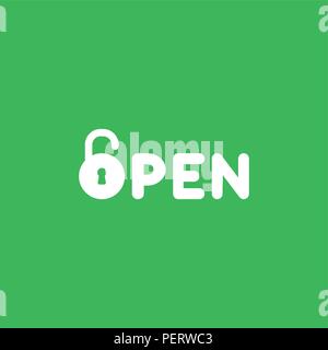 Flache vektorsymbol Konzept der offenen Wort mit geöffneten Vorhängeschloss auf grünem Hintergrund. Stock Vektor