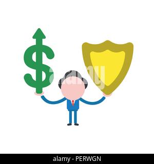 Vector Illustration Konzept der Geschäftsmann Charakter holding Grün dollar Symbol mit dem Pfeil nach oben bewegen und gelbes Schild guard Symbol. Stock Vektor