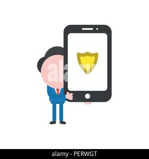 Vector Illustration Konzept der Geschäftsmann Charakter holding Smartphone mit Guard shield Symbol. Stock Vektor