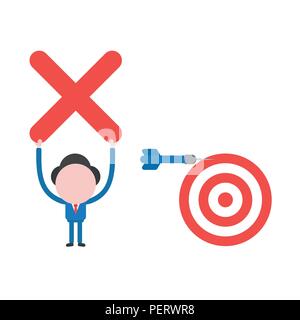 Vector Illustration Konzept der Geschäftsmann Charakter mit Dart und Bulls Eye, Ziel verpassen und dem roten "x"-Symbol. Stock Vektor