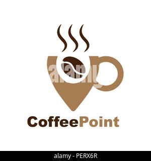 Logo für Coffee Shop. Umrisse Schriftzug mit Coffee Bean, Kappe und Navigation. Kaffee punkt Logo Designs. Kaffee Ort logo template Designs vector Illustrator Stock Vektor