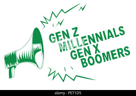 Handschrift Text schreiben Gen Z Millennials Gen X Boomers. Begriff Sinne generationsbedingte Unterschiede alten Jugendlichen Grün Megaphon Lautsprecher importieren Stockfoto