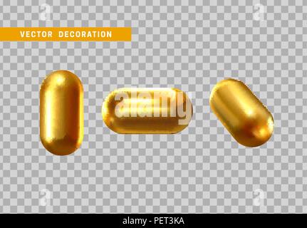 3D-Form isoliert goldene Kapsel auf transparenten Hintergrund. Stock Vektor