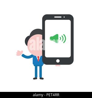 Vector Illustration Geschäftsmann Maskottchen Charakter Holding mit Sound Symbol smartphone. Stock Vektor