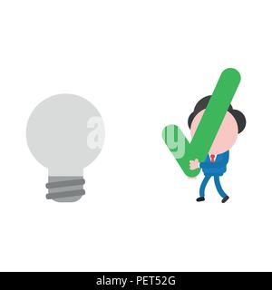 Vector Illustration Geschäftsmann Charakter zu Fuß und mit grünen Häkchen grau Lampensymbol. Stock Vektor