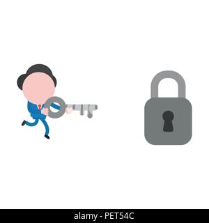 Vector Illustration Geschäftsmann Charakter läuft und dabei Taste Vorhängeschloss zu entsperren. Stock Vektor