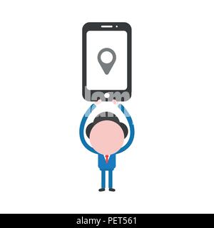 Vector Illustration Geschäftsmann Charakter halten, Smartphone mit kartenzeiger Symbol. Stock Vektor