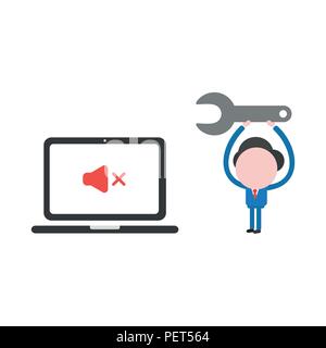 Vector Illustration Geschäftsmann Charakter mit Laptop und Ton-aus-Symbol und drücken Sie Schlüssel zu reparieren. Stock Vektor