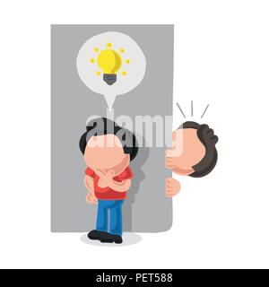 Vektor hand gezeichnete Karikatur Illustration des Menschen Ausspionieren von Mann mit lampensymbol Idee hinter der Wand. Stock Vektor