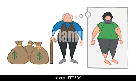 Vector Illustration cartoon reichen alten Mann mit Dollar Geld Säcke aber träumen oder Gedanken über seine Armut oder obdachlos, als er jung war. Stock Vektor