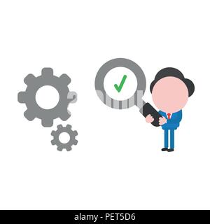Vector Illustration Geschäftsmann Charakter holding Lupe mit Häkchen und Suchen zu den Zahnrädern. Stock Vektor
