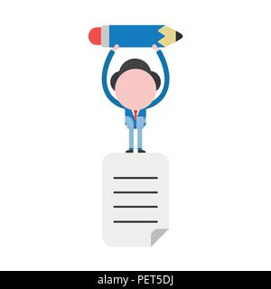Vector Illustration Geschäftsmann Charakter steht auf Geschrieben von Papier und Bleistift. Stock Vektor