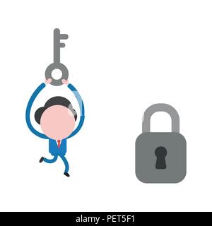 Vector Illustration Geschäftsmann Charakter läuft und die Schlüssel zum Schloss entsperren. Stock Vektor