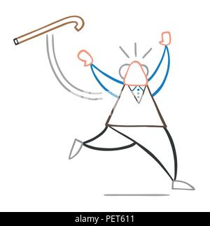 Vector Illustration cartoon alte Mann warf seinen Spazierstock und ausgeführt wird. Stock Vektor