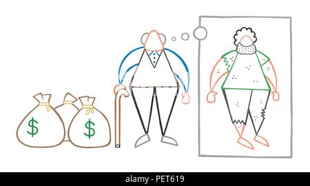 Vector Illustration cartoon reichen alten Mann mit Dollar Geld Säcke aber träumen oder Gedanken über seine Armut oder obdachlos, als er jung war. Stock Vektor