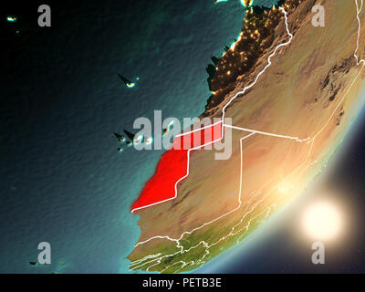 Western Sahara von Raum mit sehr detaillierte Oberflächenstrukturen und sichtbaren Grenzen. 3D-Darstellung. Elemente dieses Bild von der NASA eingerichtet Stockfoto