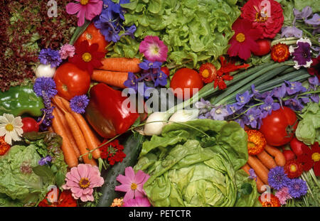 Sortierte Anordnung von frischem Obst und Gemüse (Karotten, Tomaten, Kopfsalat, Paprikaschoten, Blumen) Stockfoto