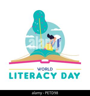 Welt Tag der Alphabetisierung Design, Frau, Obst aus Buch öffnen. Lesen Bildung für Kinder und Erwachsene, Wissen als Nahrung des Lebens Konzept illustratio Stock Vektor
