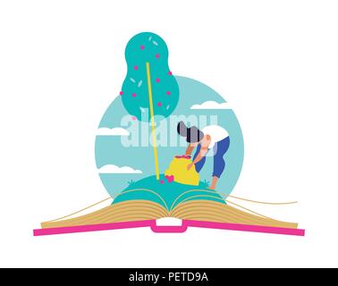Frau Kommissionierung Obst aus wachsenden Buch öffnen, lesen Bildung für Kinder und Erwachsene. Wissen als Nahrung des Lebens Konzept Abbildung auf Pfingstmontag isoliert Stock Vektor