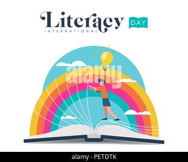 Internationalen Tag der Alphabetisierung Abbildung: kid entdecken Neues Buch Geschichte. Welt Bildung für Kinder Konzept. EPS 10 Vektor. Stock Vektor