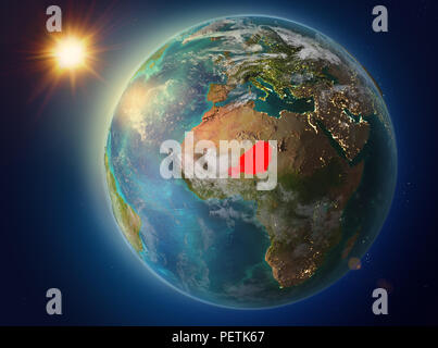 Sonnenuntergang über Niger in Rot hervorgehoben auf dem Planeten Erde mit Atmosphäre und Wolken. 3D-Darstellung. Elemente dieses Bild von der NASA eingerichtet. Stockfoto
